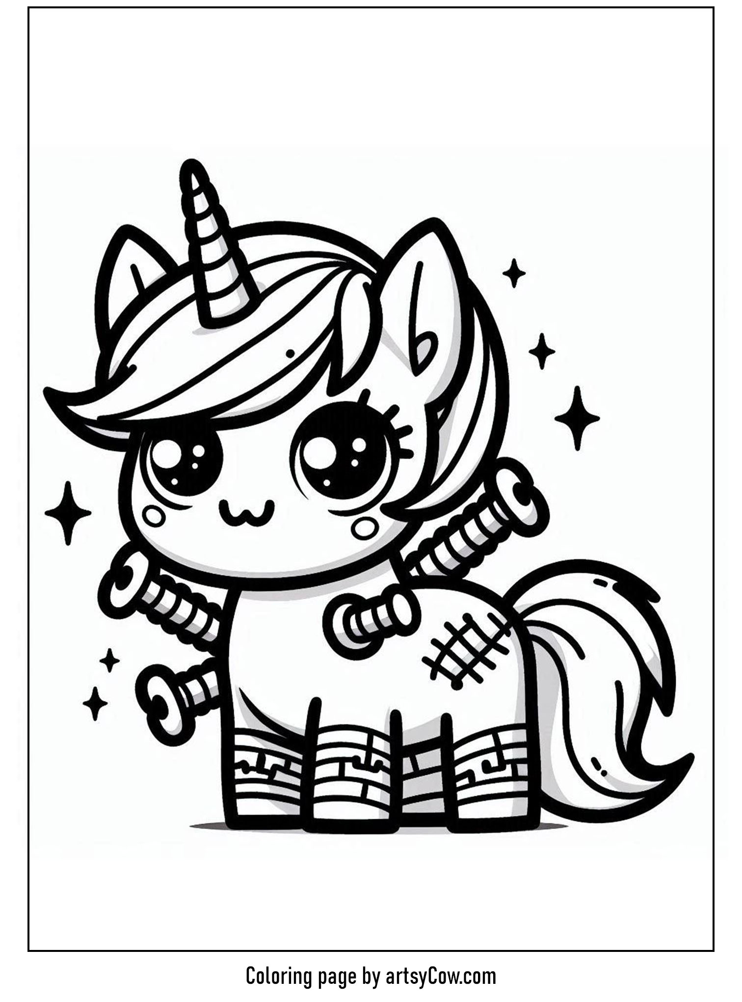 halloween coloring pages with unicorn 2 featuring a cute unicorn dressed as Frankenstein with stitched patterns and bolts.